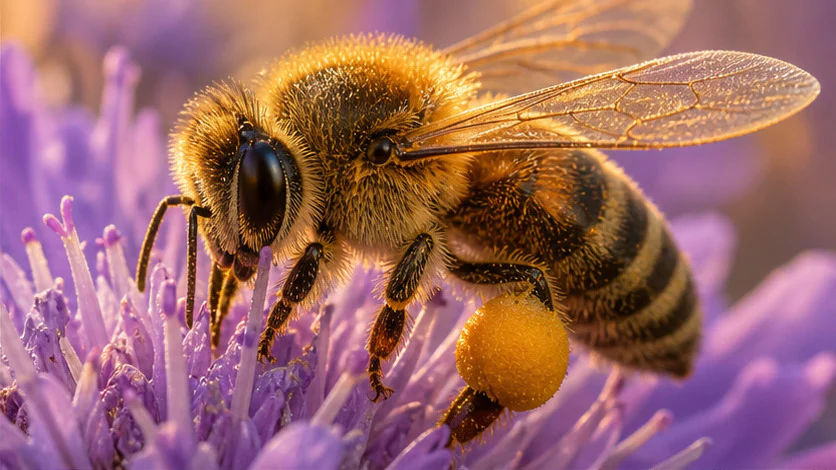 An extreme close-up of a honeybee carrying pollen on a violet flower