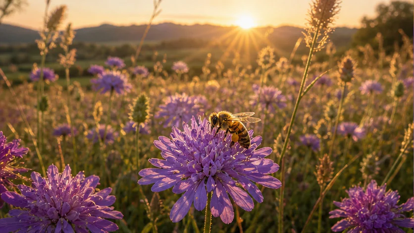 A honeybee crossing a sunlit meadow of violet flowers, used as the cover of an interactive zoom journey
