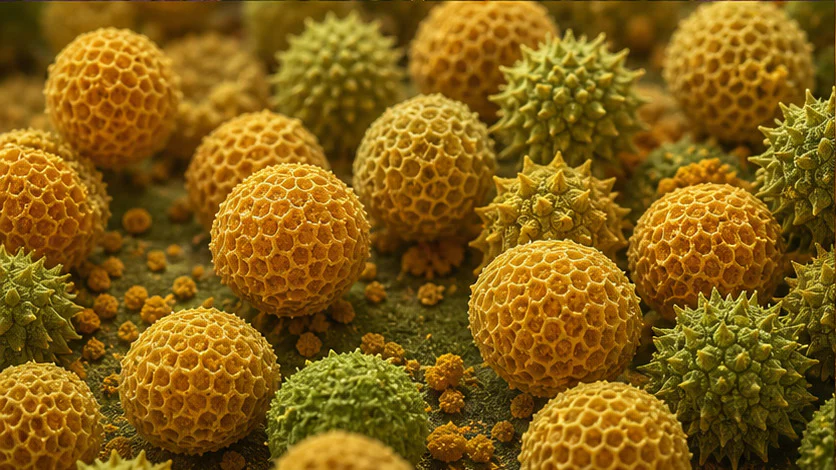 Round pollen grains with detailed geometric outer walls seen at microscopic scale