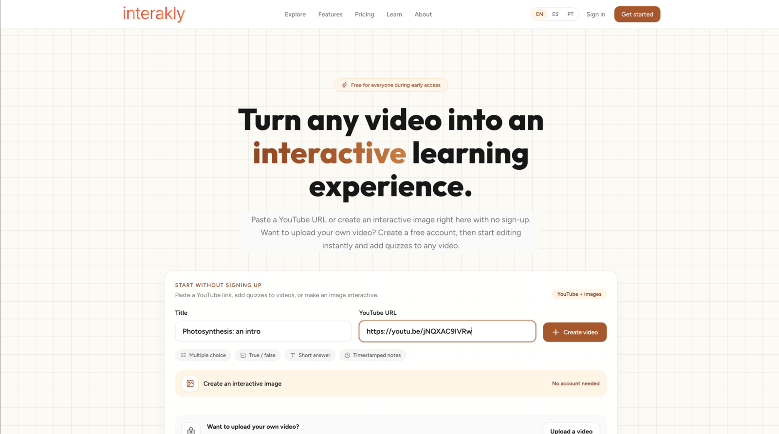 Interakly homepage form for creating an interactive YouTube video, with fields for Title and YouTube URL plus a Create video button
