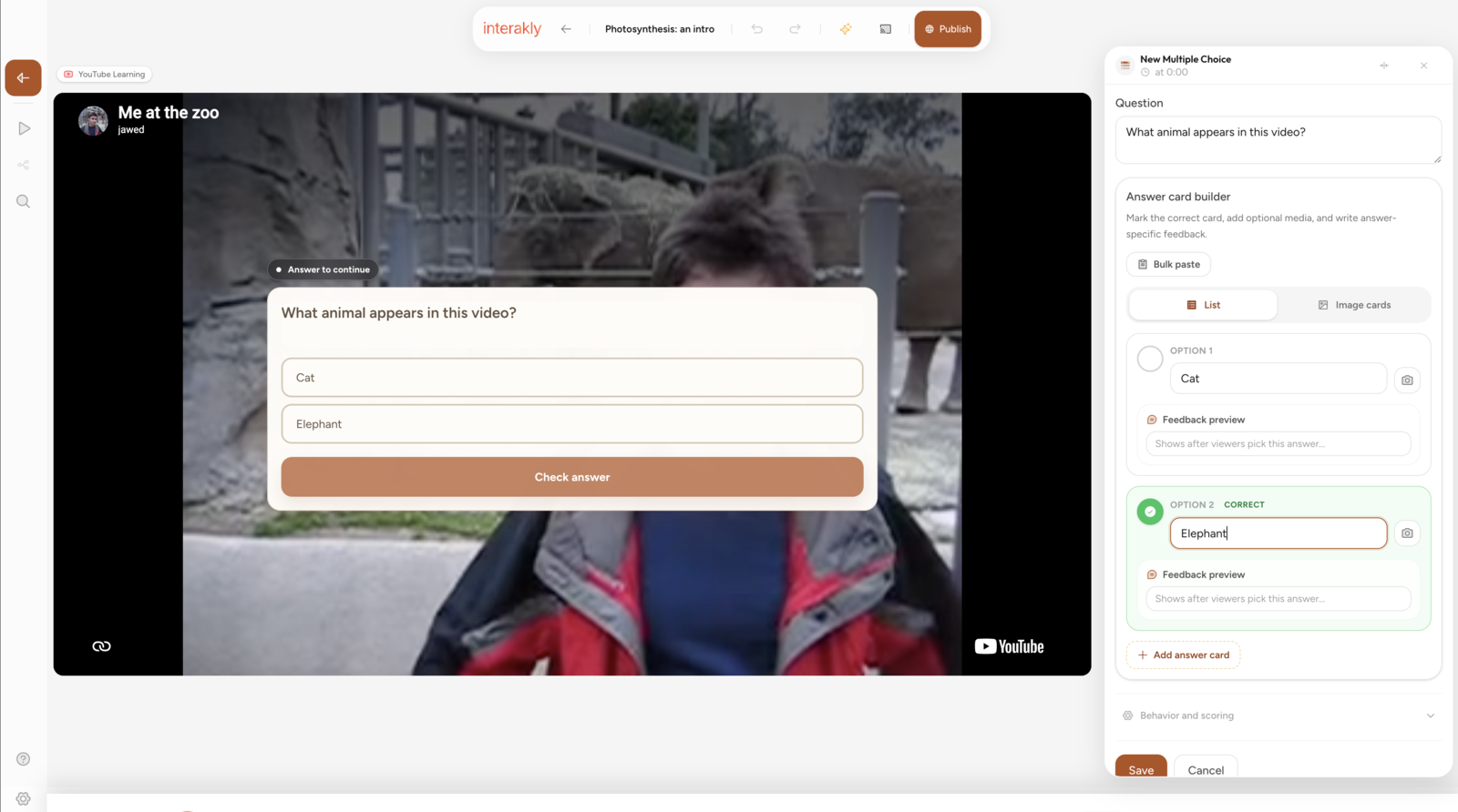 Interakly editor showing a YouTube video with a timeline and the Multiple Choice answer card builder in the side inspector