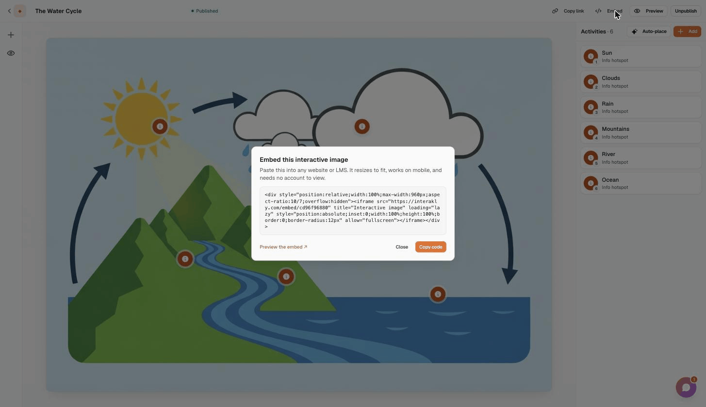 The Embed this interactive image dialog showing a ready-to-paste embed snippet, a Preview the embed link, and a Copy code button