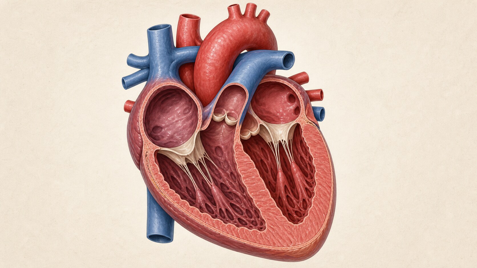Detailed cutaway illustration of a human heart showing the chambers, valves, aorta, and major blood vessels.