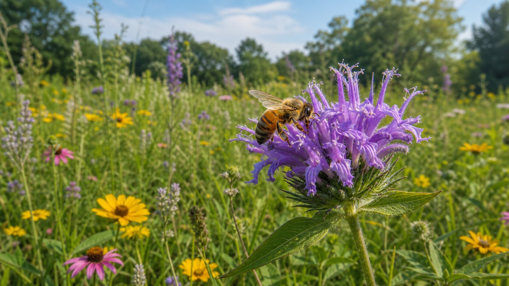 Wildflower meadow with a honeybee feeding on a purple flower in the foreground and diverse flowers beyond.