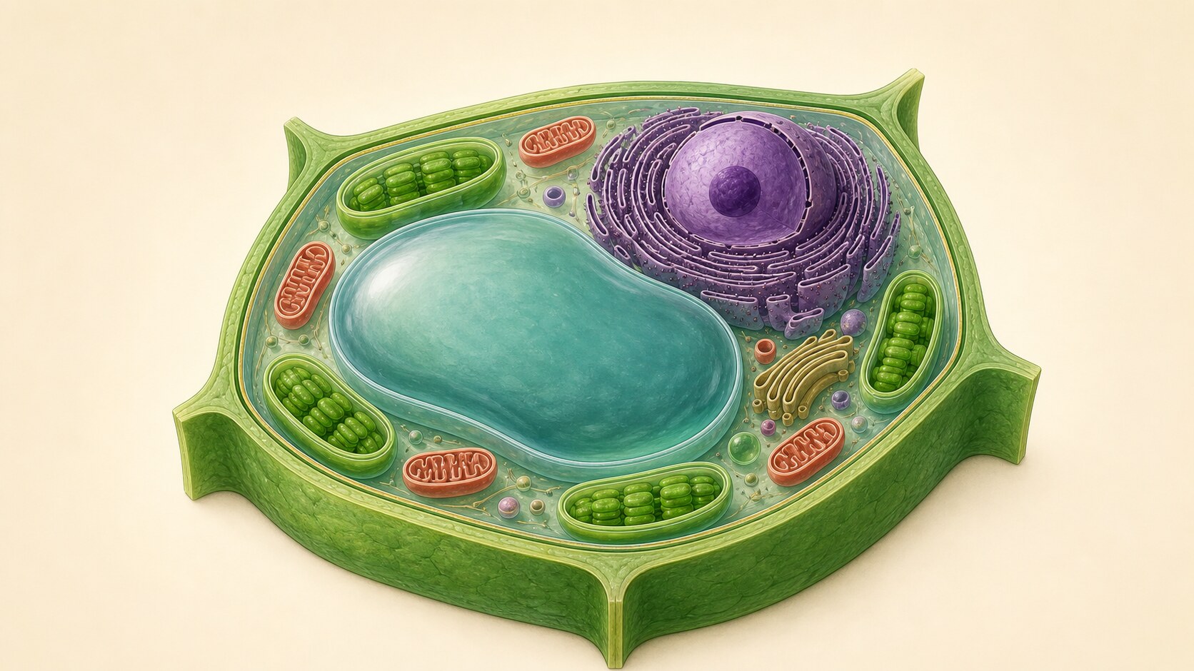 Cutaway plant cell diagram showing a cell wall, large central vacuole, nucleus, chloroplasts, and mitochondria.
