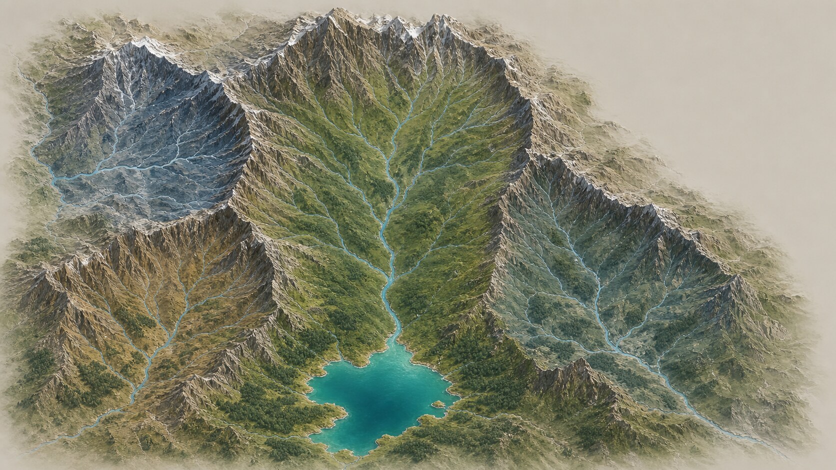 Oblique terrain map of mountain ridges, branching streams, a central river valley, and a turquoise lake.