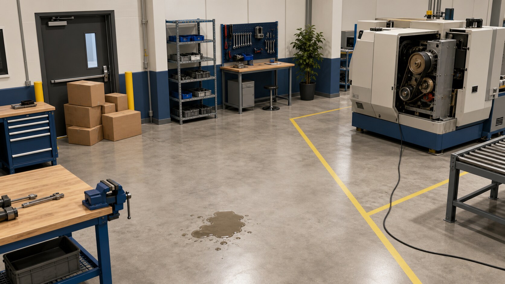 Machine workshop with boxes blocking an exit, a floor spill, a trailing power cable, and an exposed machine interior.
