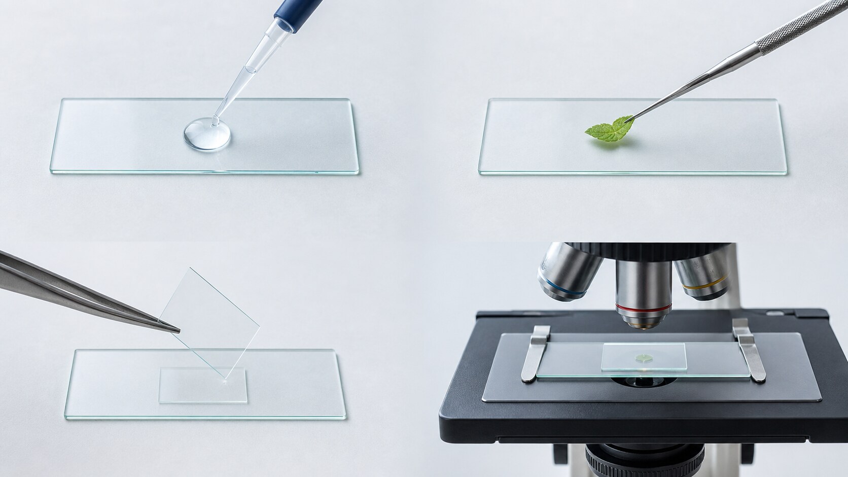 Four-panel laboratory image showing water added to a slide, a specimen placed, a coverslip lowered, and the slide on a microscope.