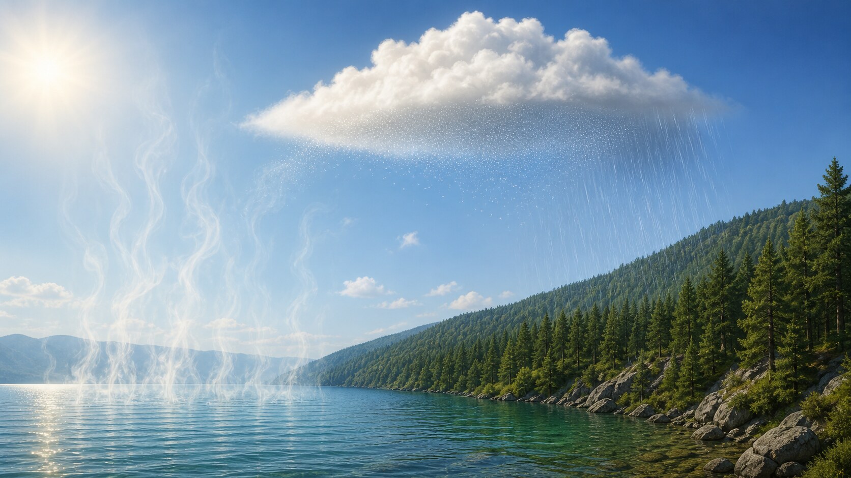 Water-cycle scene with vapor rising from a lake and a cloud releasing droplets over a forested slope.