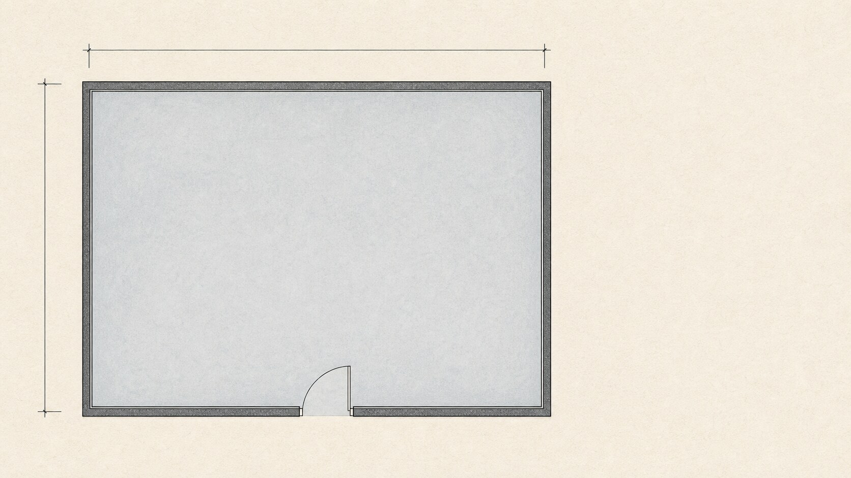 Simple rectangular room plan with horizontal and vertical dimension lines and a doorway at the lower edge.