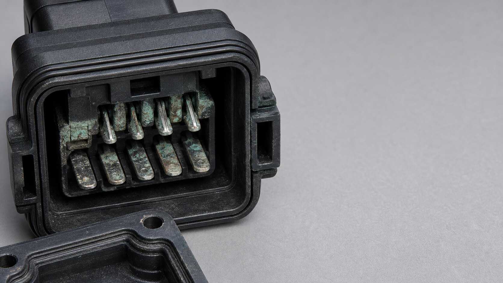 Close view inside a black electrical connector with several green-white corroded metal terminals.
