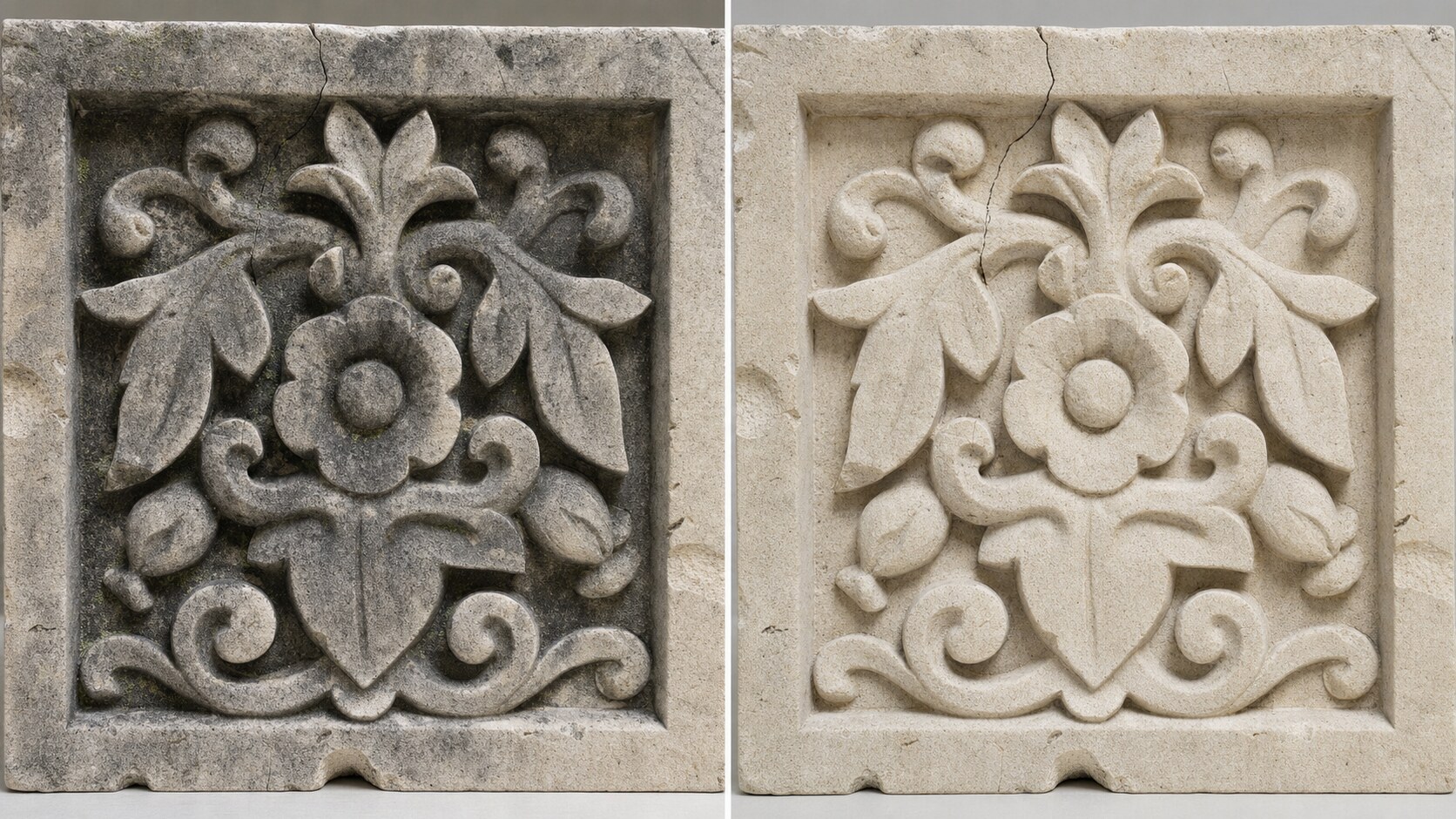 Side-by-side stone reliefs showing the same floral carving before cleaning and after careful restoration.