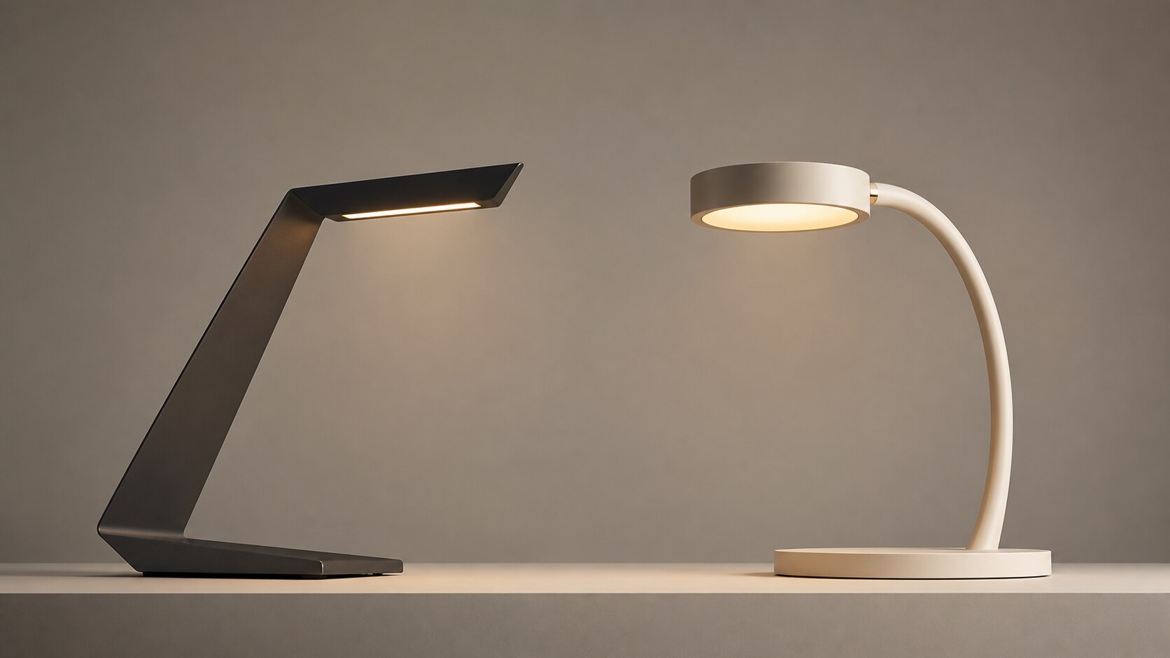 Two modern desk lamps on a neutral surface: an angular black lamp on the left and a curved white lamp on the right.
