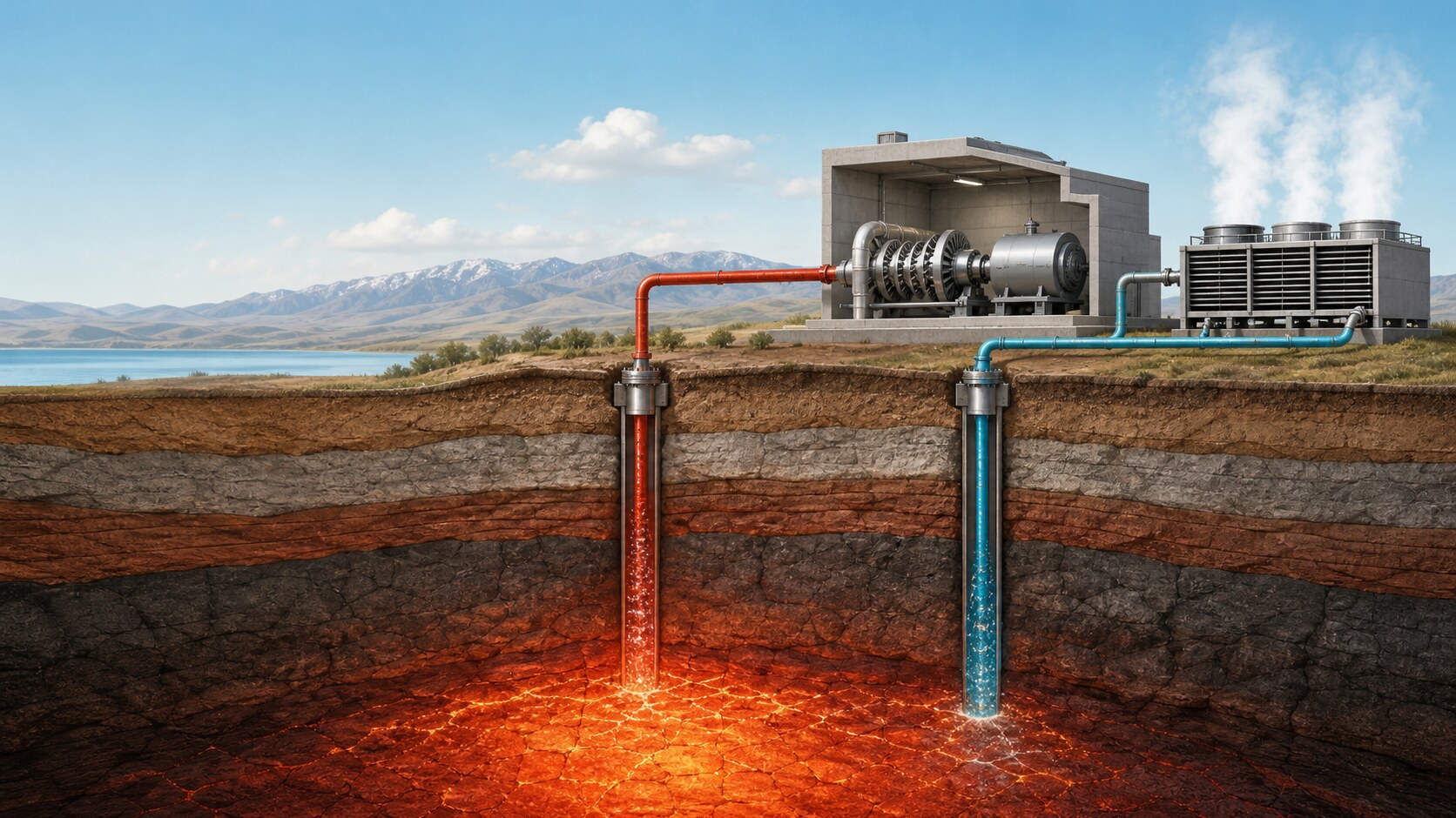 Geothermal energy cross-section with a hot red production well, a blue return well, surface pipes, turbine, and cooling equipment.