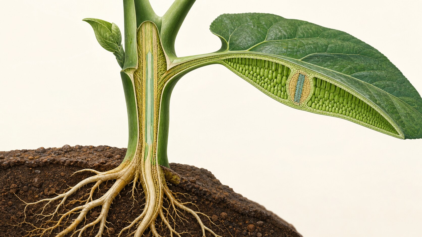 Botanical cutaway of a plant with roots in soil, a sliced stem, and a leaf cross-section showing internal transport tissue.