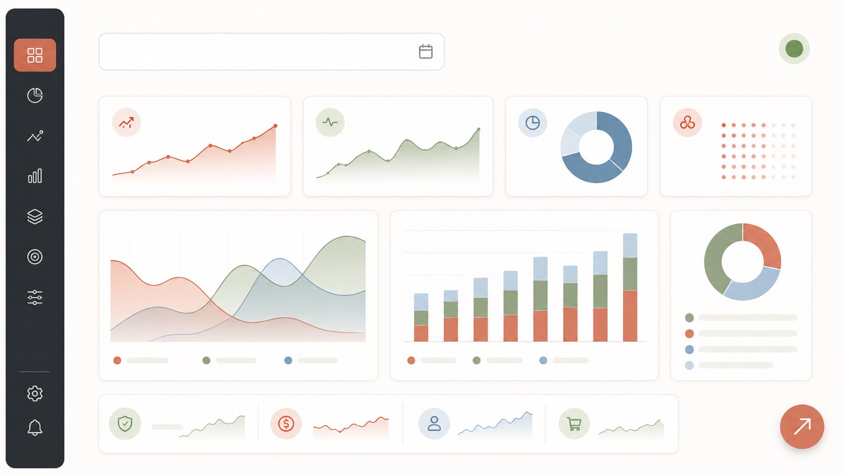 Clean analytics dashboard with dark side navigation, a top date control, status indicator, trend cards, charts, and an export action.