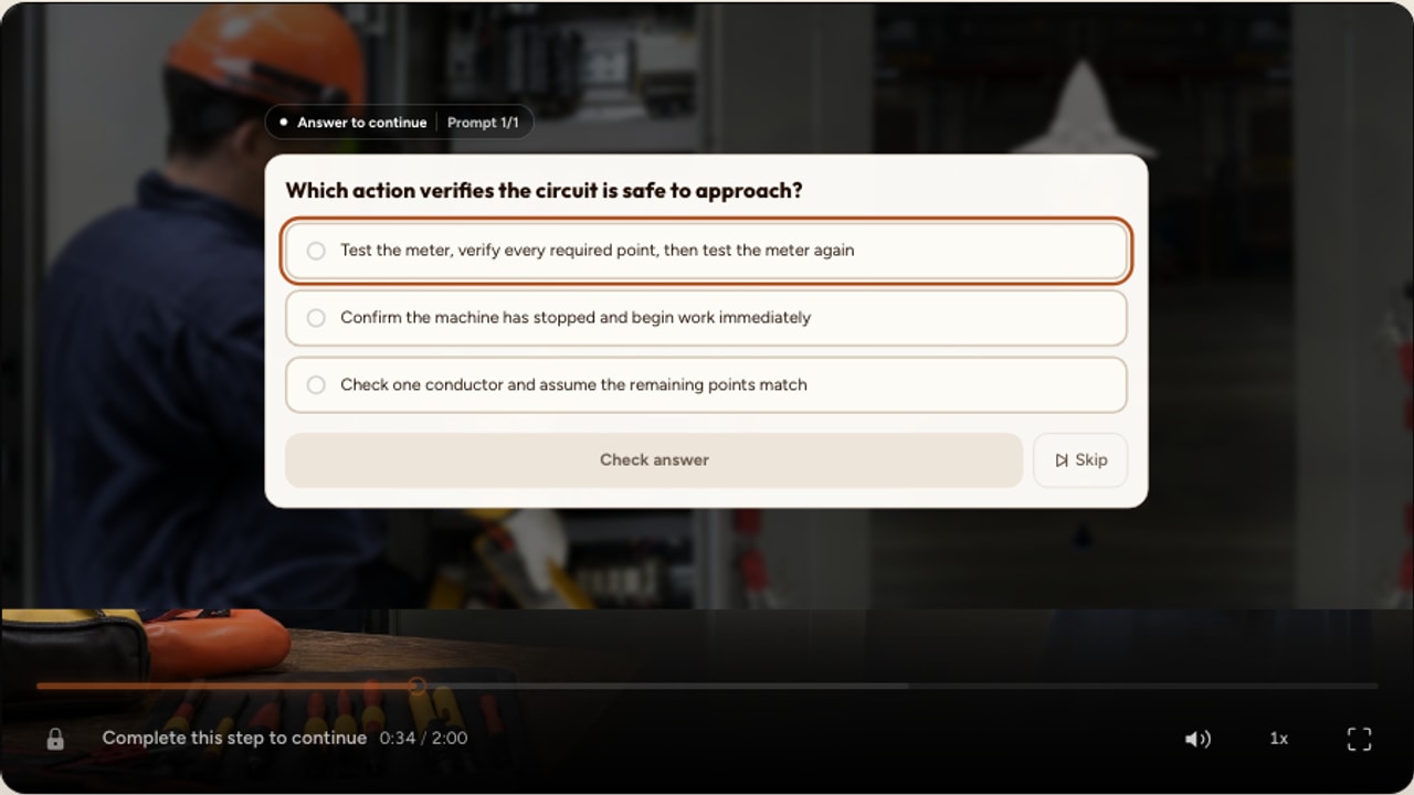 An Interakly multiple-choice question over an electrical safety training scene with parallel, technically plausible answer options