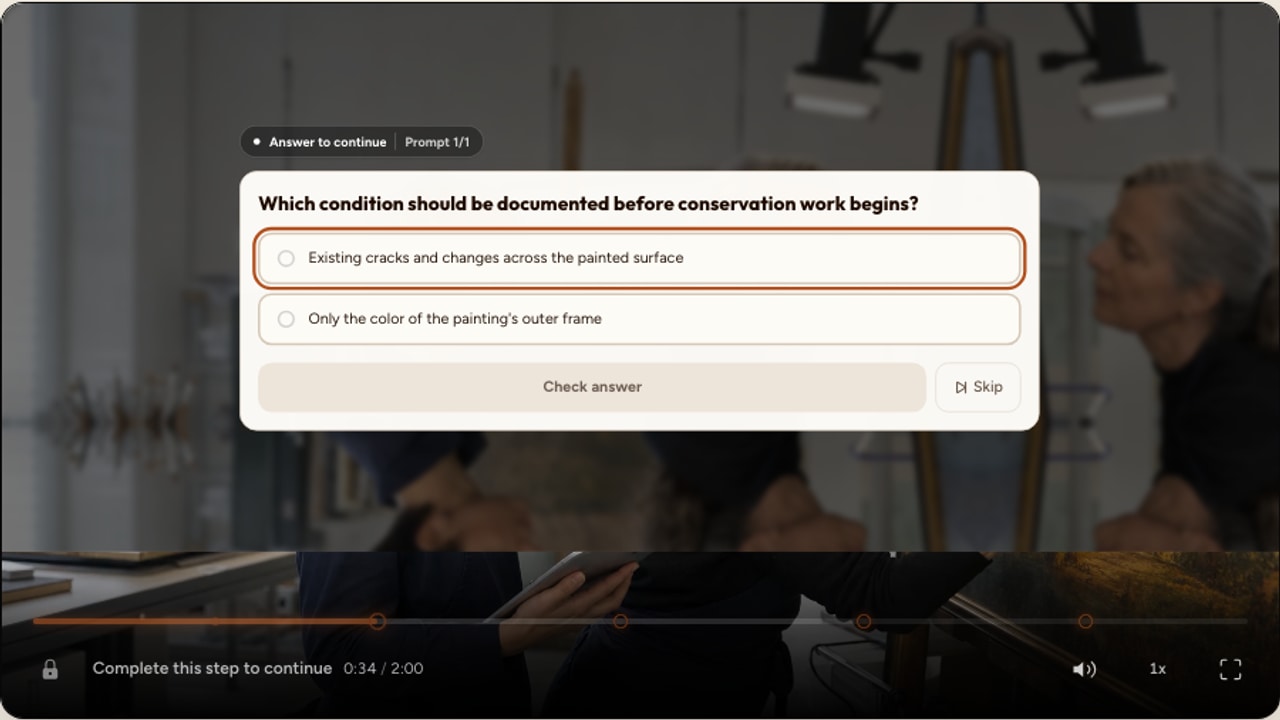 An Interakly learning video with a multiple-choice question and clearly spaced question markers on the player timeline