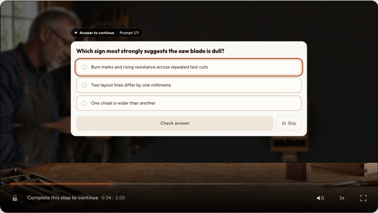 A real Interakly video question asking a learner to interpret evidence in a woodworking training scene