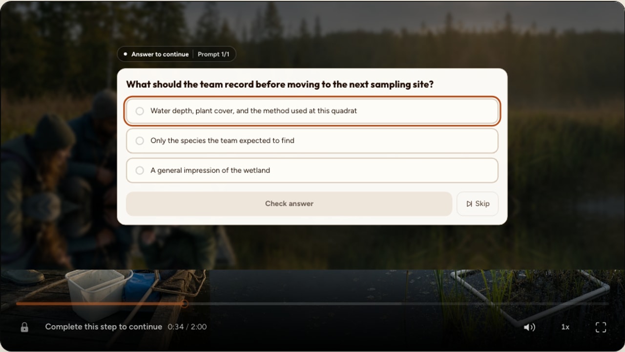 A real Interakly video question centered over an ecological field-sampling scene