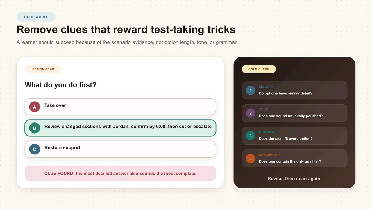 An annotated scenario choice set identifying accidental clues such as moral loading, unique jargon, hidden facts, and conspicuous length