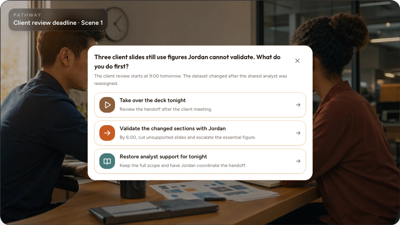 Real Interakly learner Preview showing the final project deadline Choice Moment inside the video player
