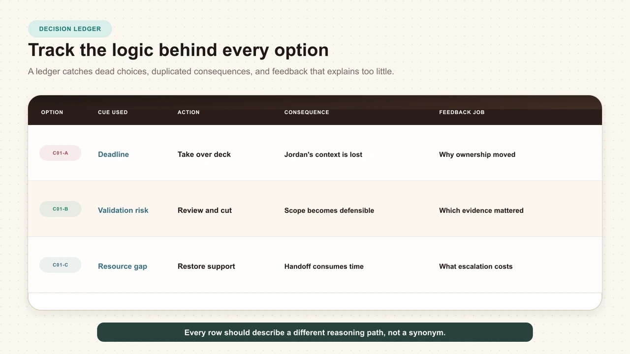 A completed decision ledger connecting three project deadline options to their evidence cues, actions, consequences, and feedback jobs