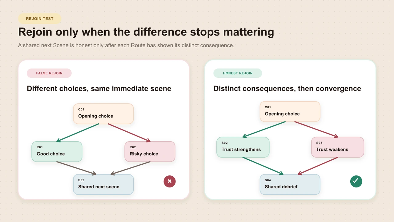 An original rejoin-equivalence test comparing facts, relationship state, resources, rules, and assessment meaning across two routes
