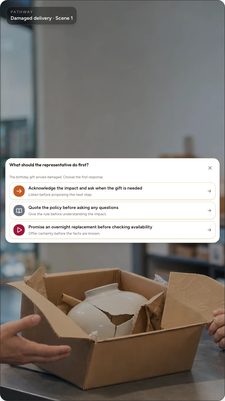 A portrait phone view of the real Interakly customer service Choice Moment inside a Pathway player