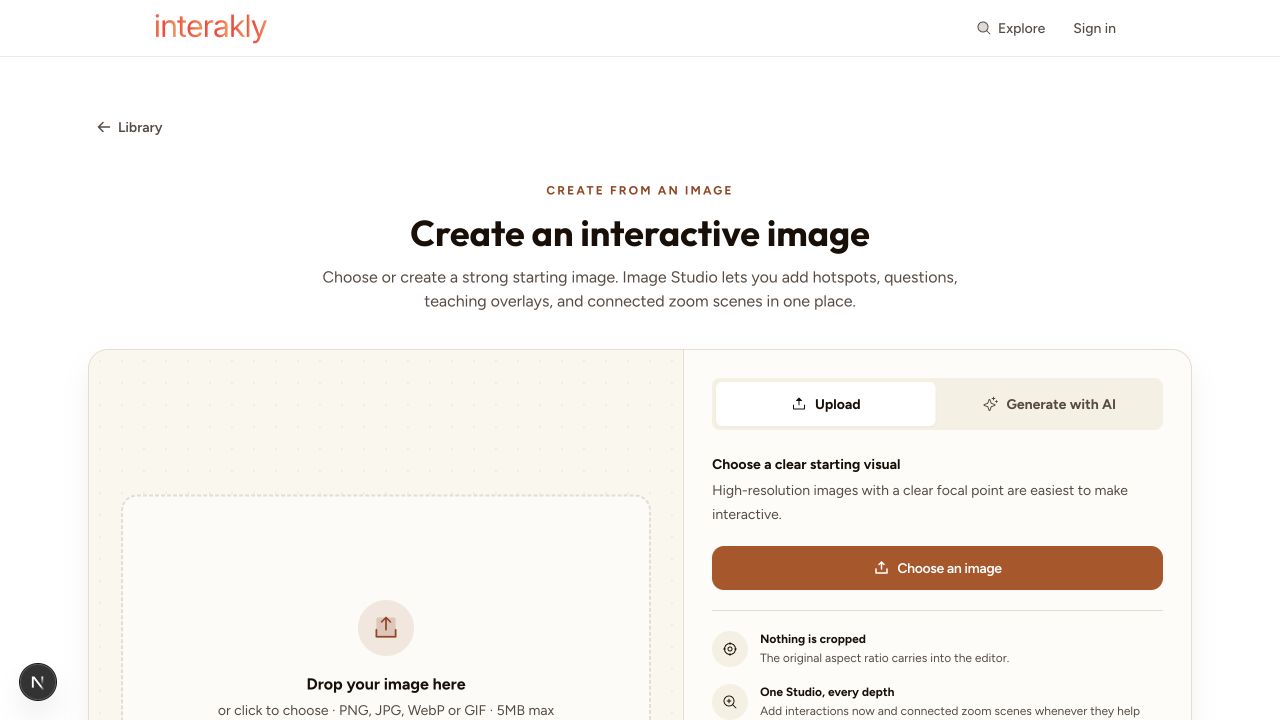 Current Interakly Create interactive image screen with Upload and Generate with AI choices and a note that one Image Studio supports every zoom depth