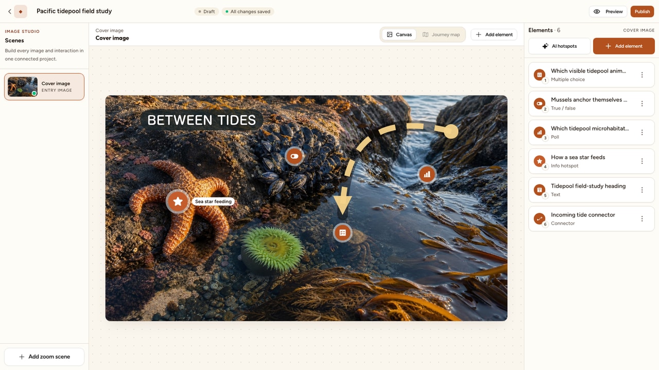 Current Interakly Image Studio with a Pacific tidepool cover selected, a clean image canvas in the middle, and its scene elements listed on the right