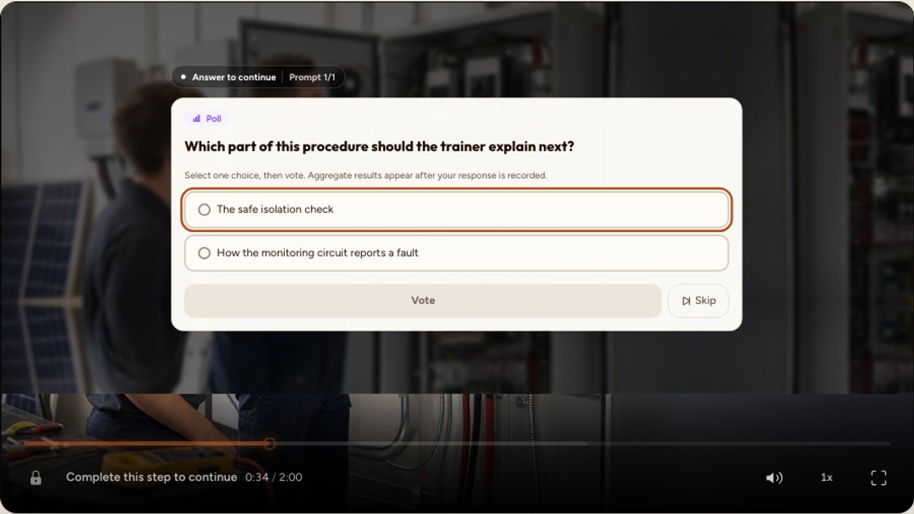 A real Interakly Poll over a realistic solar equipment training video scene