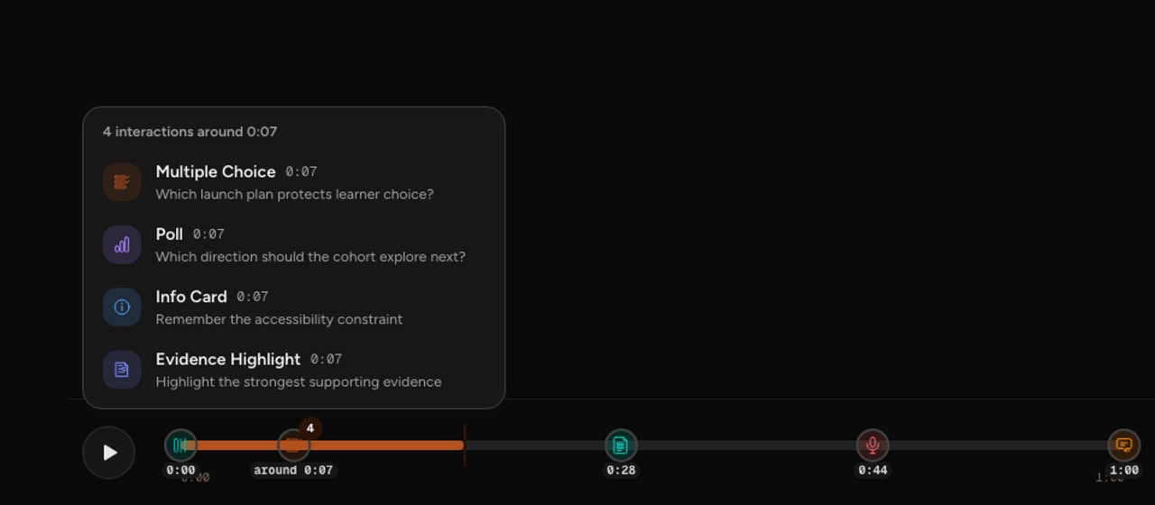 A real Interakly editor timeline showing several interaction types at their authored moments