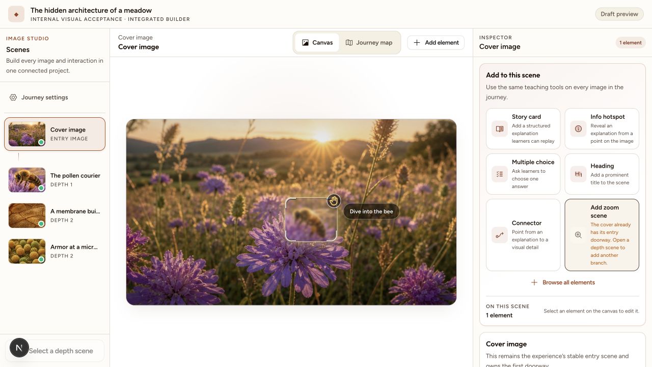 Interakly Image Studio showing the bee cover image, its first zoom doorway, the scene list, and the Add element controls