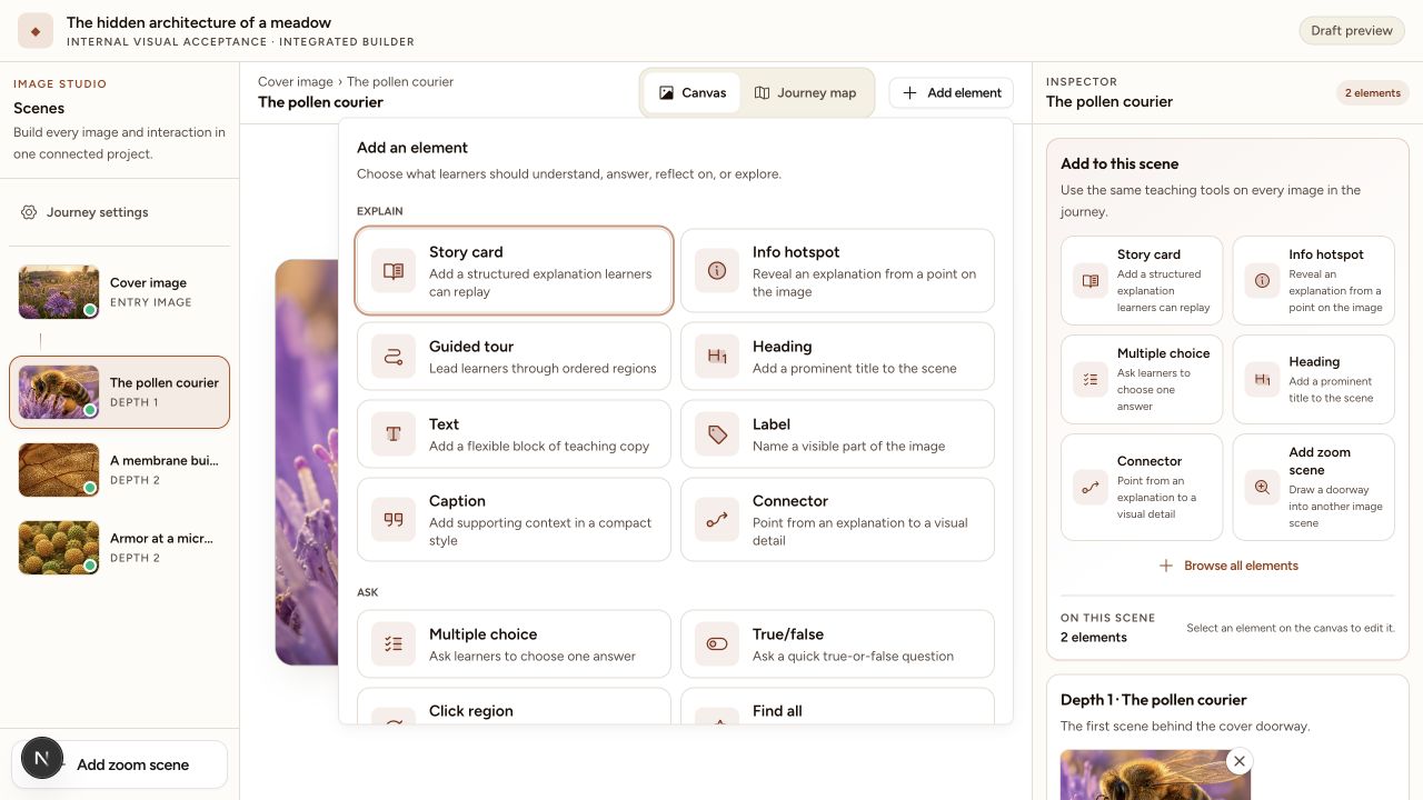 The Add element menu open over a detailed bee scene in Interakly Image Studio, with Explain, Ask, Reflect, Explore, and Add zoom scene choices