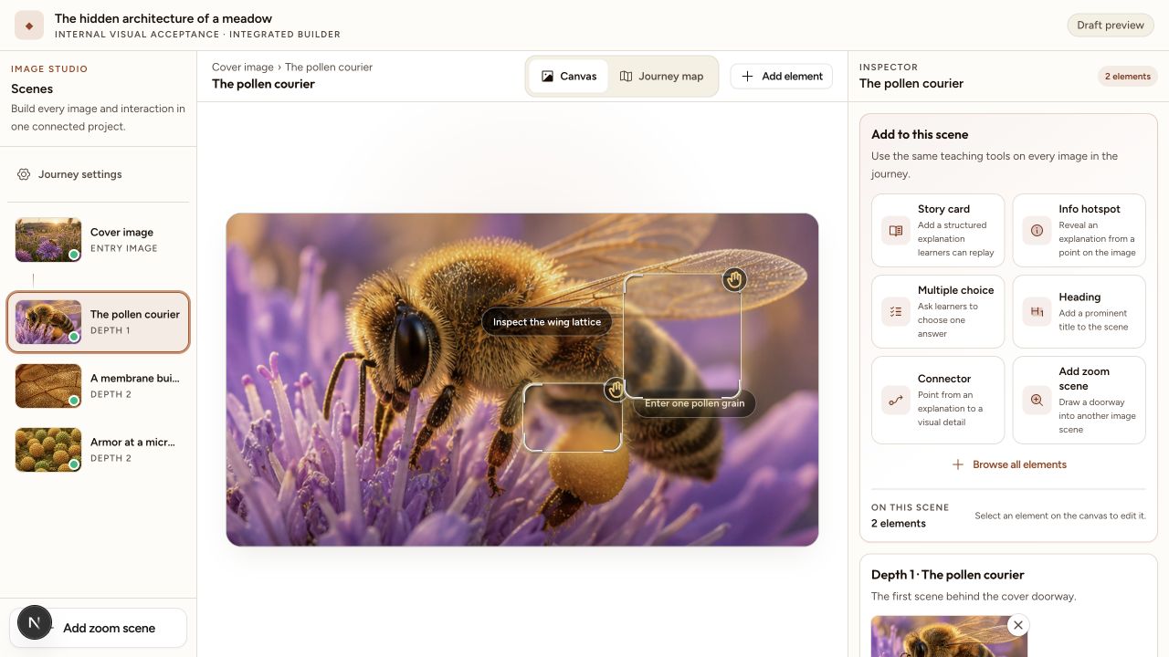 Interakly Image Studio showing a detailed bee scene with two deeper zoom doorways and the same scene-building controls as the cover
