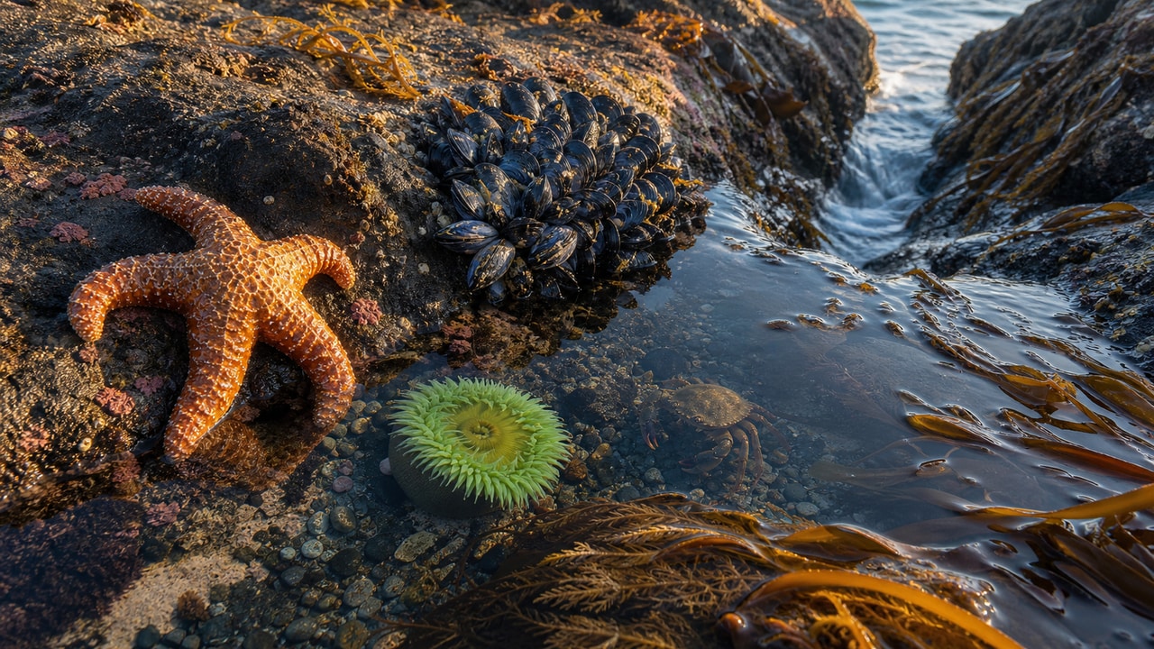 Photorealistic Pacific tidepool with an ochre sea star, mussel colony, green anemone, shore crab, kelp, and an incoming seawater channel